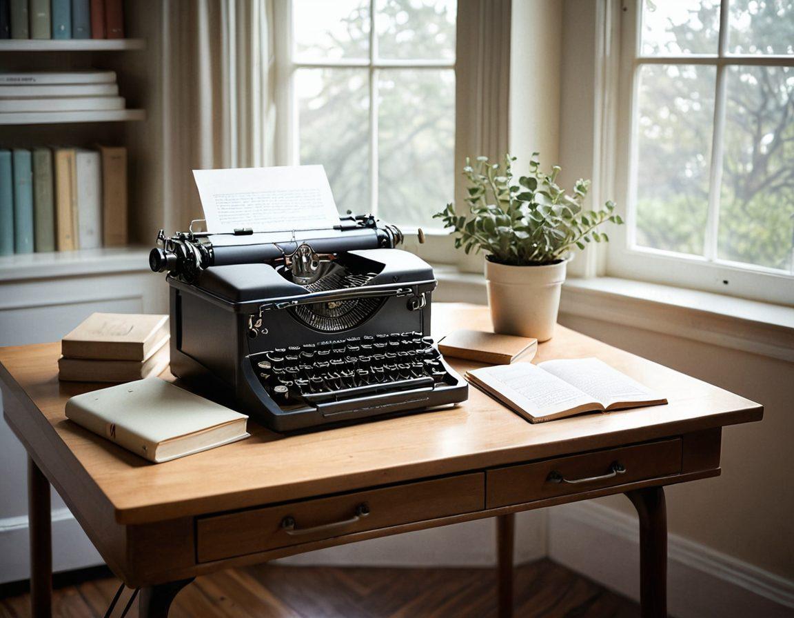 A minimalist writing desk with a classic typewriter, surrounded by neatly organized books. A spotlight illuminates a single page with concise, impactful sentences written on it, symbolizing the beauty of brevity. A soft, calming color palette enhances the serene atmosphere of focused writing. The background features a window with gentle light filtering in, emphasizing clarity and simplicity. super-realistic. soft pastels. clean lines.
