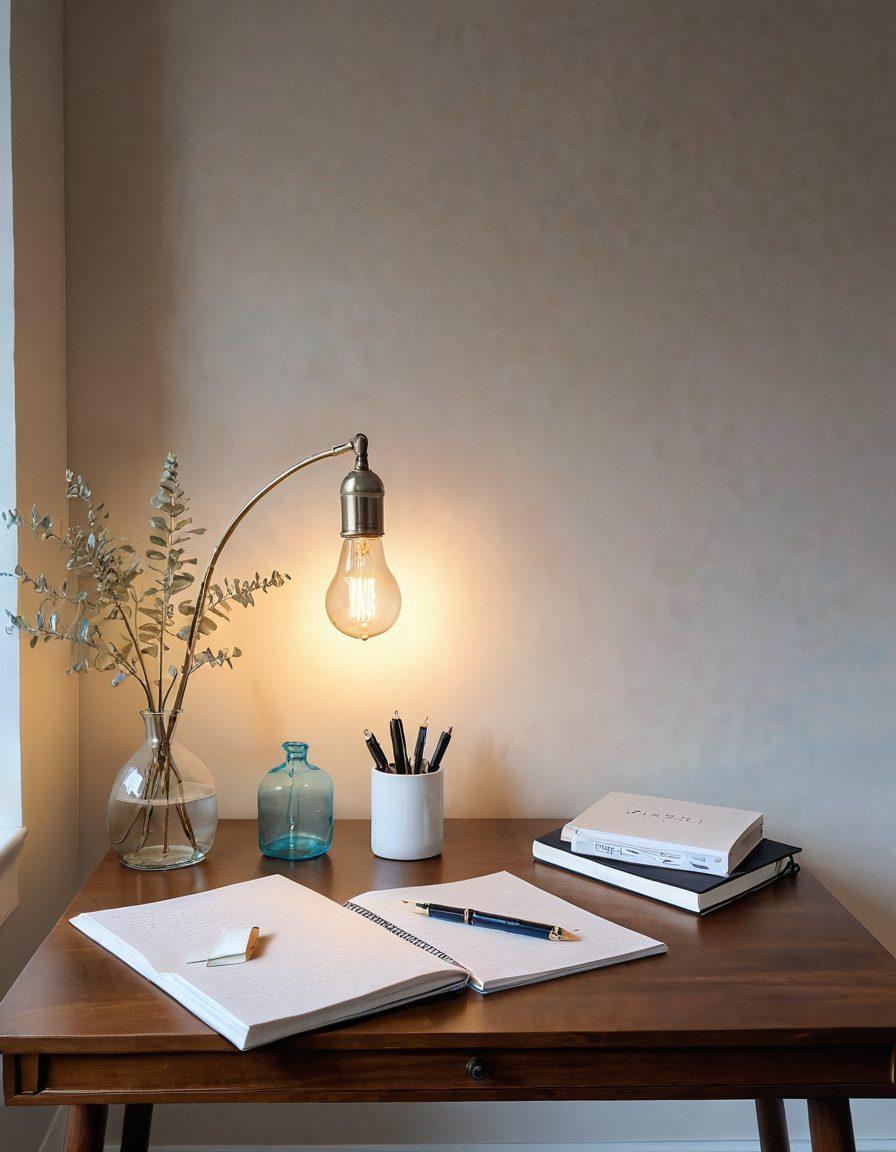 A minimalist writing desk with an open notepad, a sleek pen, and inspirational quotes on the wall emphasizing clarity and brevity. An hourglass symbolizes the preciousness of time while a light bulb hovers overhead, representing bright ideas distilled into concise thoughts. The color palette should be soft yet captivating, featuring pastel blues and whites. super-realistic. vibrant colors.