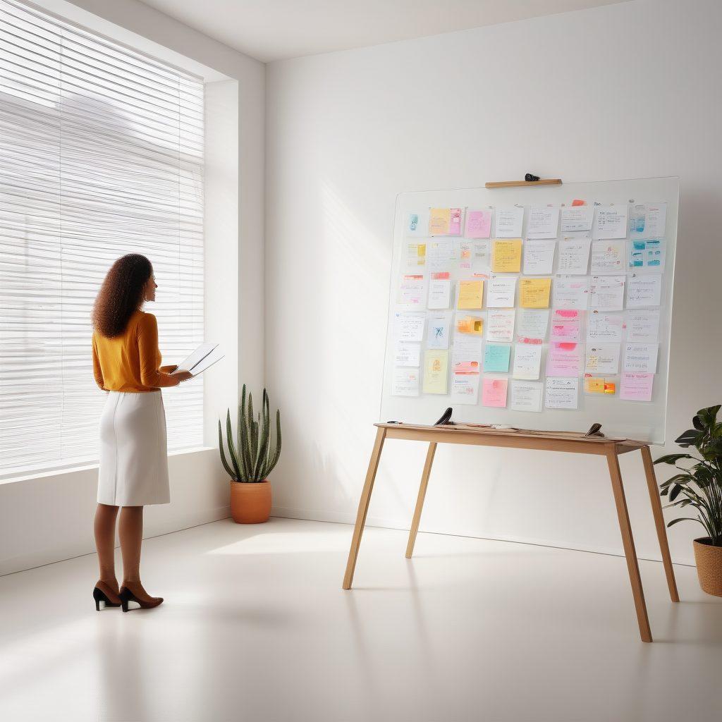A minimalist workspace with a clear glass board displaying concise notes and drawings highlighting effective communication techniques. A person confidently presenting in front of the board, with colorful visual aids reinforcing the concepts of clarity and conciseness. Bright light illuminating the scene, symbolizing clear thoughts and ideas. super-realistic. vibrant colors. white background.
